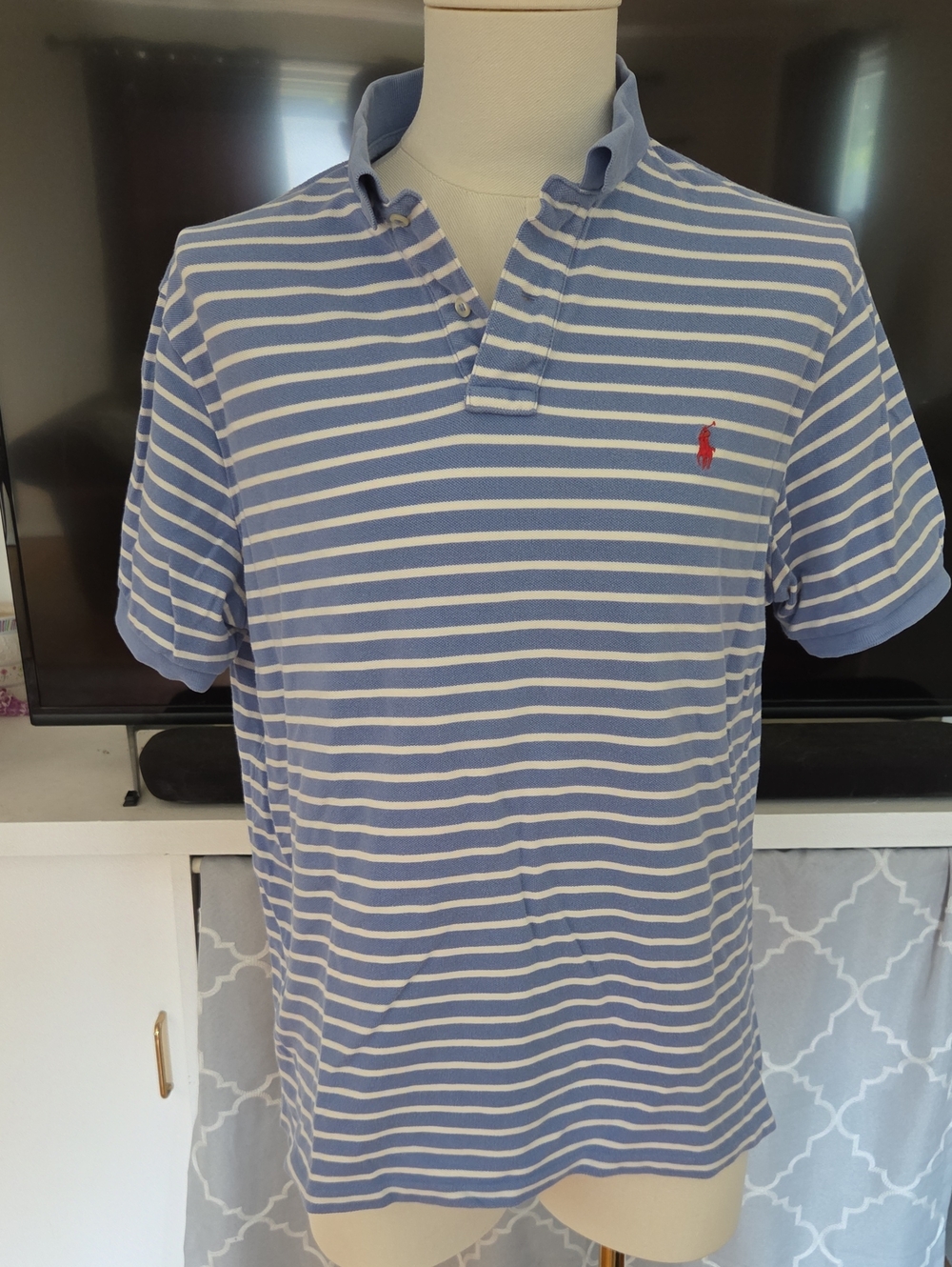 Polo by Ralph Lauren Blue & White Striped Polo with Red Pony
